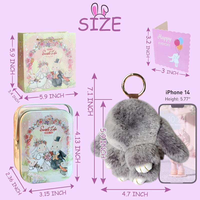 MINGRI Soft Bunny Keychain with Tin,Cute Valentines Gift Plush Keychain for Backpack,Bag Charm Gift Key Chain - Image 5